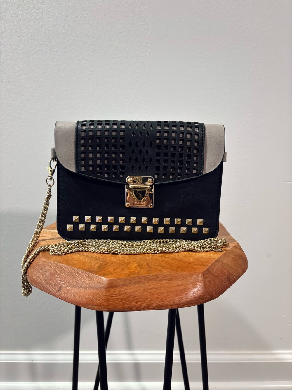 Black & Gray Studded Chain Crossbody Wallet